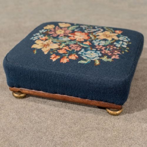 fig 2. Antique Low Footstool Small Stool Foot Gout Needlepoint Tapestry Victorian c1880