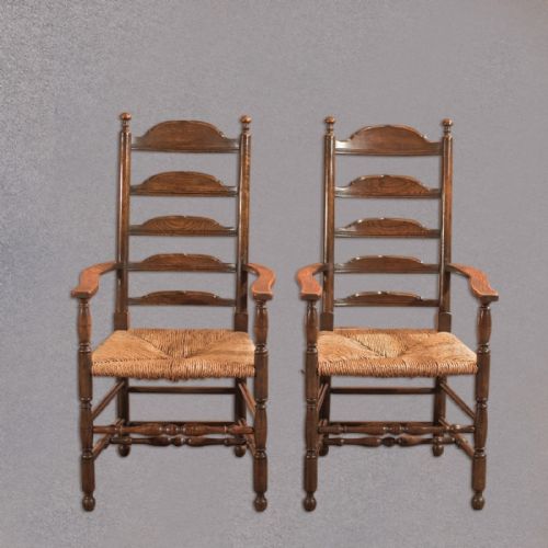 Pair of Antique Elbow Chairs, Dining Ladderbacks C.1900