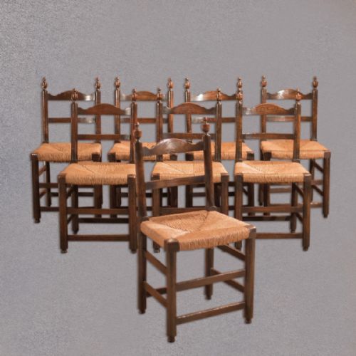 Set of 8 Antique Dining Chairs, Rush Seats, C.1900