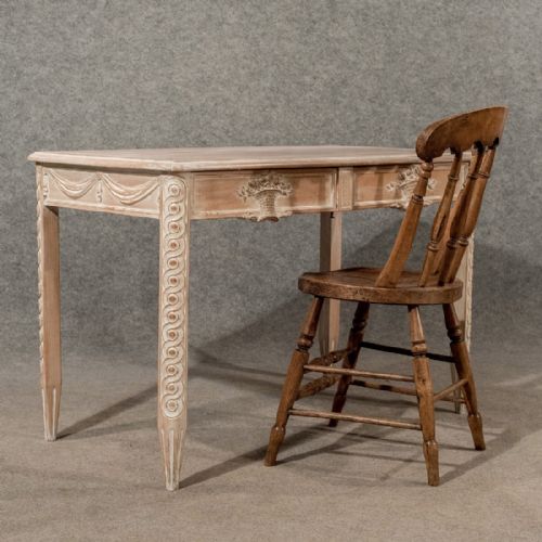 Antique French Writing Desk Side Table Twin Drawers Lime Waxed Mahogany C1880
