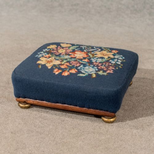 Antique Low Footstool Small Stool Foot Gout Needlepoint Tapestry Victorian C1880