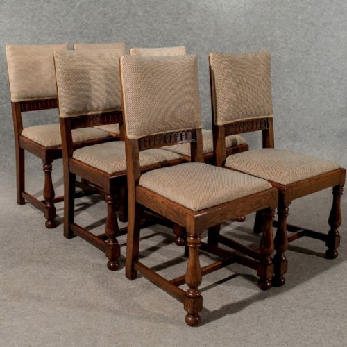 Antique Oak Set 6 Six Dining or Kitchen Chairs Comfy & Quality Upholstered C1910
