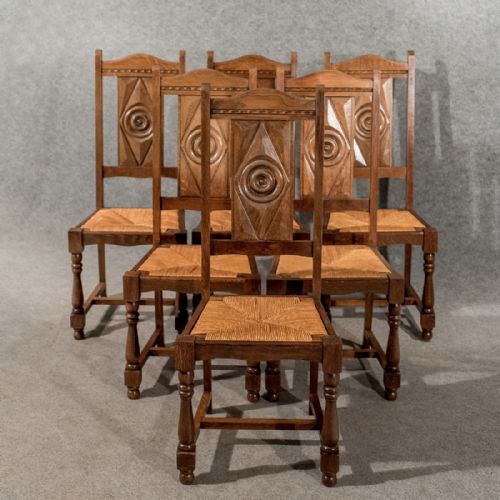 Antique Oak Set 6 Six Country Dining Kitchen Chairs Rush Seated Edwardian C1910