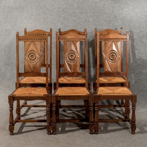 fig 2. Antique Oak Set 6 Six Country Dining Kitchen Chairs Rush Seated Edwardian c1910