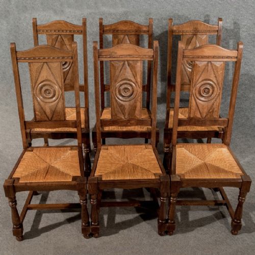 fig 3. Antique Oak Set 6 Six Country Dining Kitchen Chairs Rush Seated Edwardian c1910