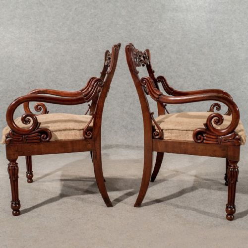 fig 3. Antique Pair William IV Dining Elbow Hall Carver Chairs Quality Mahogany c1835
