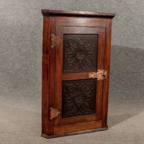 fig 2. Antique Oak Carved Corner Cabinet Cupboard Arts & Crafts Copper Hinging c1900