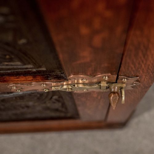 fig 3. Antique Oak Carved Corner Cabinet Cupboard Arts & Crafts Copper Hinging c1900
