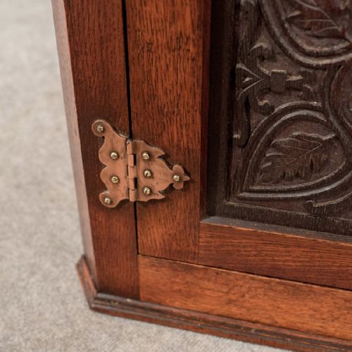 fig 4. Antique Oak Carved Corner Cabinet Cupboard Arts & Crafts Copper Hinging c1900