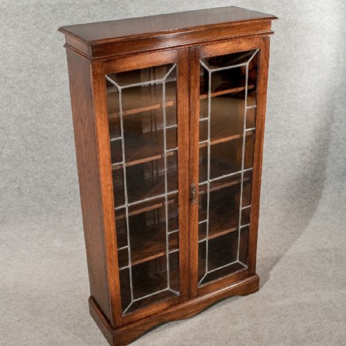 fig 4. Antique Oak Display Bookcase China Cabinet Quality Leaded Glass Edwardian c1910