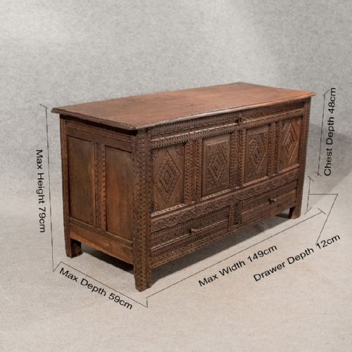 fig 1. Antique Oak Coffer Mule Chest Carved Storage Trunk English Early Georgian c1720