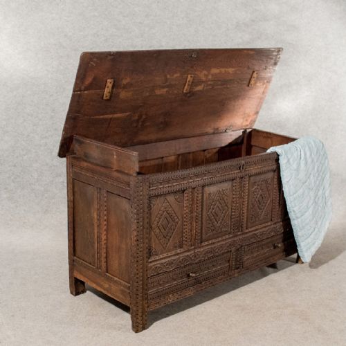 fig 2. Antique Oak Coffer Mule Chest Carved Storage Trunk English Early Georgian c1720