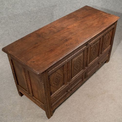 fig 3. Antique Oak Coffer Mule Chest Carved Storage Trunk English Early Georgian c1720