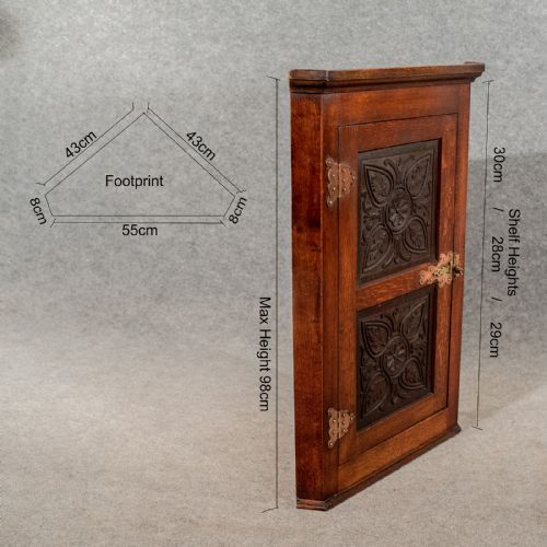 fig 1. Antique Oak Carved Corner Cabinet Cupboard Arts & Crafts Copper Hinging c1900