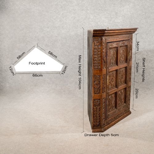 fig 1. Antique Oak Carved Corner Cabinet Wall Cupboard English Victorian Revival c1880