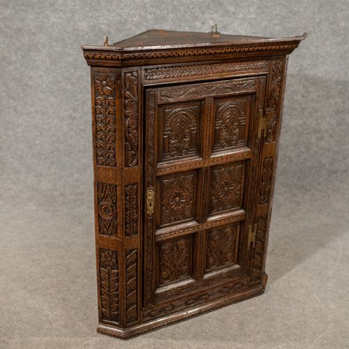 Antique Oak Carved Corner Cabinet Wall Cupboard English Victorian Revival C1880