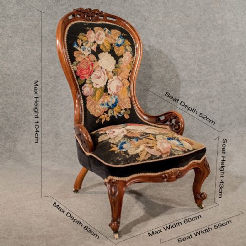 fig 1. Antique Walnut Spoon Back Armchair Chair Needlepoint Tapestry Victorian c1840
