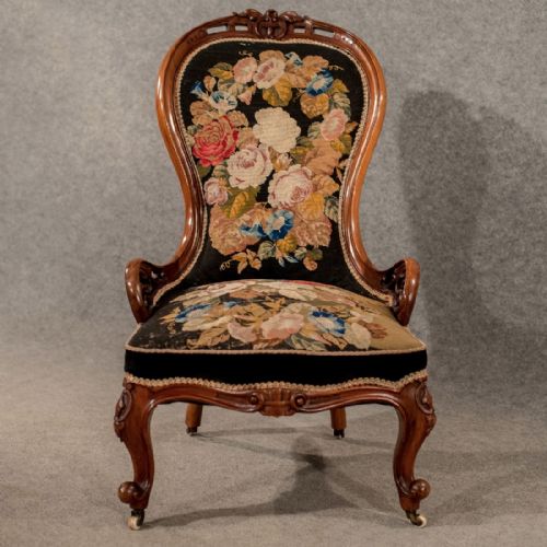 fig 2. Antique Walnut Spoon Back Armchair Chair Needlepoint Tapestry Victorian c1840