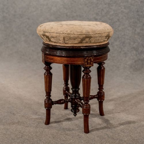 Antique Rotating Piano Music Stool Walnut with Marquetry Inlay Victorian C1880
