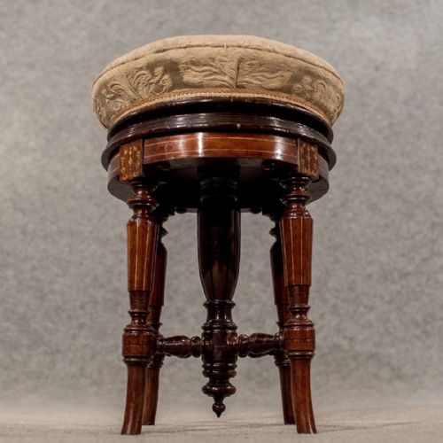 fig 1. Antique Rotating Piano Music Stool Walnut with Marquetry Inlay Victorian c1880
