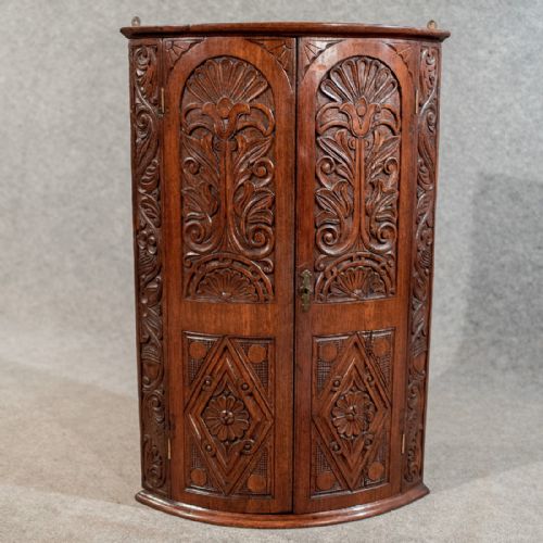 Antique Oak Bow Front Corner Cabinet Wall Cupboard - English Victorian C1890