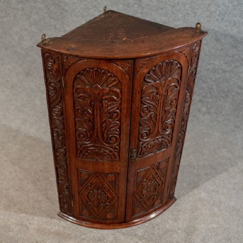 fig 2. Antique Oak Bow Front Corner Cabinet Wall Cupboard - English Victorian c1890