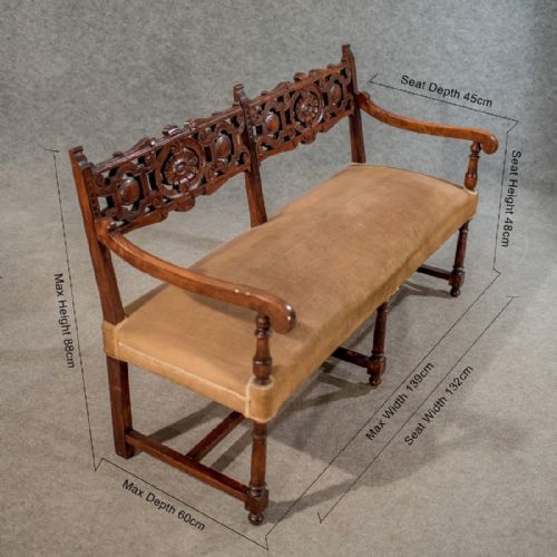fig 1. Antique Oak Settee Sofa Upholstered Bench 2 or 3 Seater Edwardian English c1910