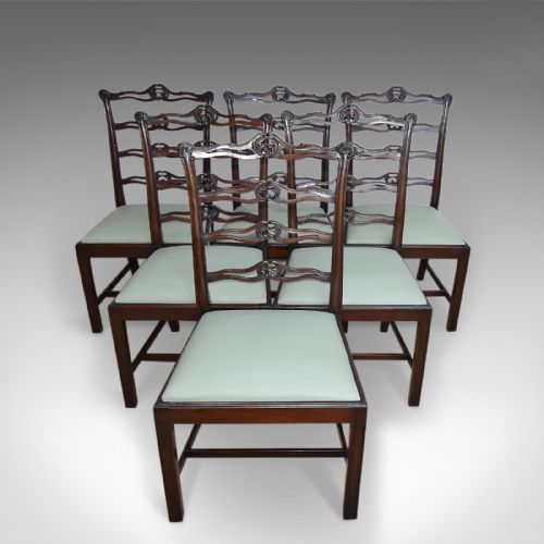 Antique Dining Chairs, Set of 6, Six, Victorian, Mahogany, Chippendale Revival