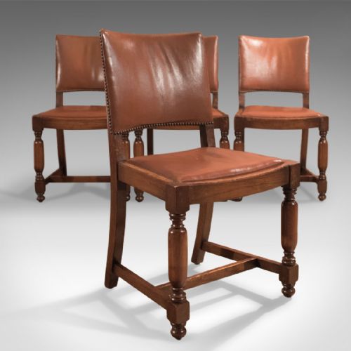 Set of Four Antique Dining Chairs, Edwardian Oak and Leather C.1910