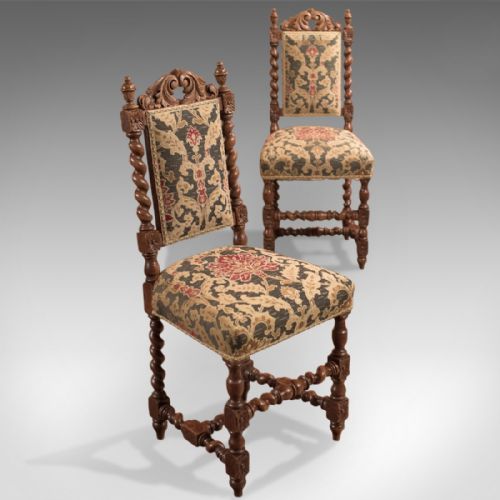 Pair of Antique Hall Chairs, Victorian, Oak, Needlepoint C.1870