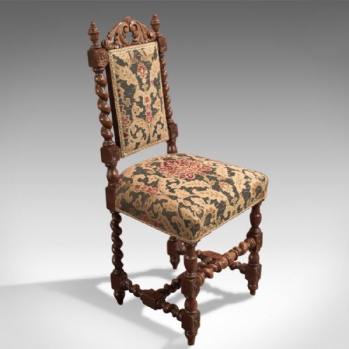 fig 1. Pair of Antique Hall Chairs, Victorian, Oak, Needlepoint c.1870
