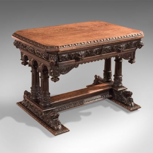 fig 1. Antique Library Table, Victorian Carved Oak, Scottish c.1850