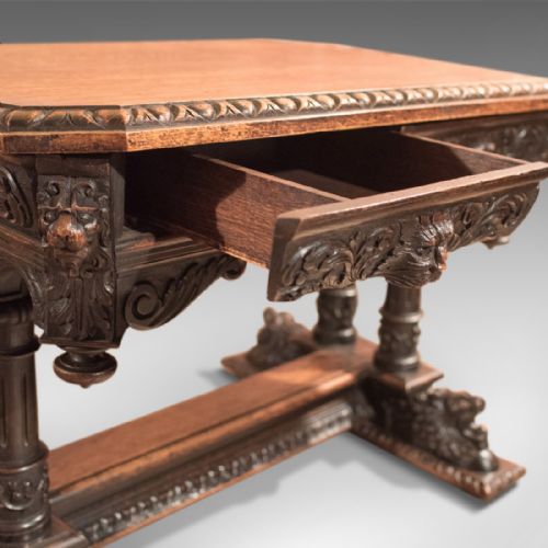 fig 4. Antique Library Table, Victorian Carved Oak, Scottish c.1850