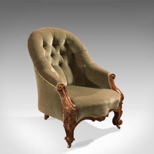 Antique Salon Chair, Early Victorian, Button Back, Walnut, English, C.1840