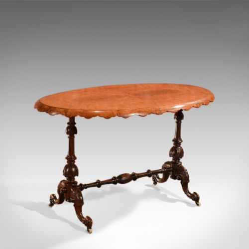 Antique Stretcher Table, Victorian Burr Walnut C.1860