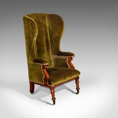 Antique Wing Back Chair, Victorian, Green Velvet C.1850