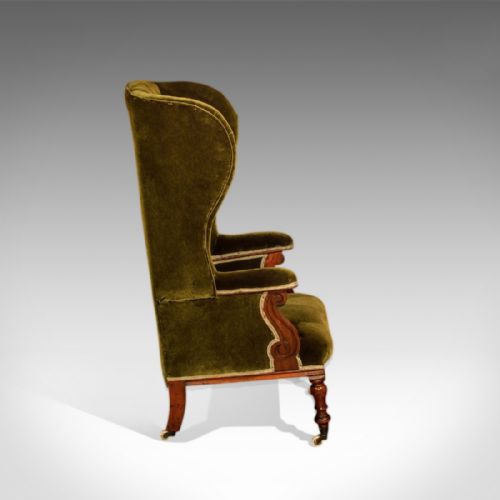 fig 2. Antique Wing Back Chair, Victorian, Green Velvet c.1850