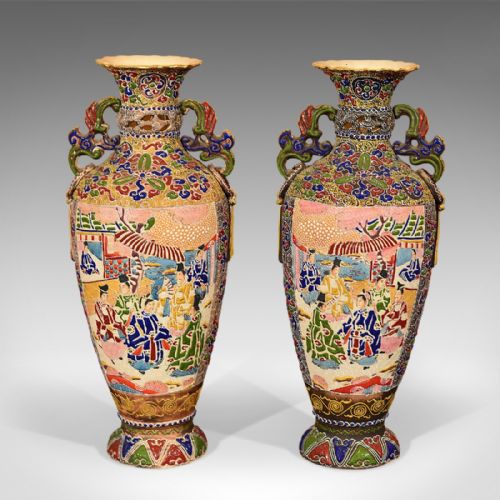 Pair of Antique Vases Japanese Moriage Satsuma