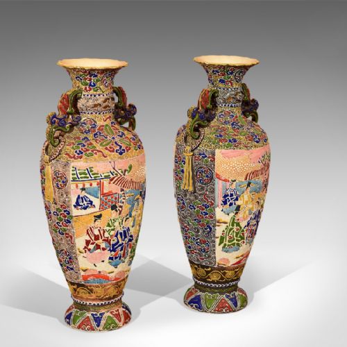 fig 1. Pair of Antique Vases Japanese Moriage Satsuma