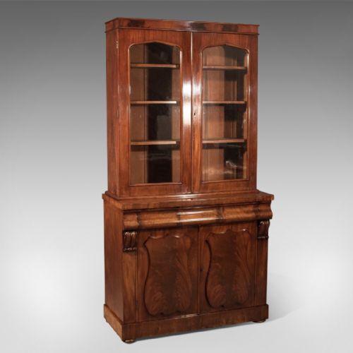 Antique Tall Victorian Flame Mahogany Bookcase with Fitted Lower Cabinet C1860