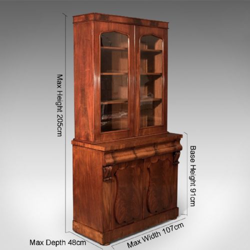 fig 1. Antique Tall Victorian Flame Mahogany Bookcase With Fitted Lower Cabinet c1860
