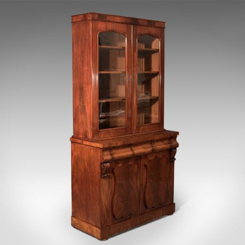 fig 2. Antique Tall Victorian Flame Mahogany Bookcase With Fitted Lower Cabinet c1860