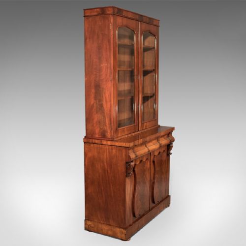 fig 3. Antique Tall Victorian Flame Mahogany Bookcase With Fitted Lower Cabinet c1860