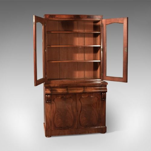 fig 4. Antique Tall Victorian Flame Mahogany Bookcase With Fitted Lower Cabinet c1860