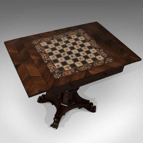 fig 5. Antique Chess Board Games Table - Quality English Regency in Kingwood - c1820