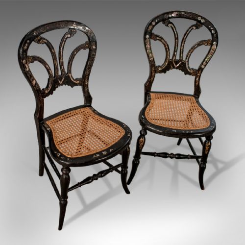 fig 2. Antique Victorian Pair Side Hall Dining Chairs Ebonised Mother of Pearl c1880