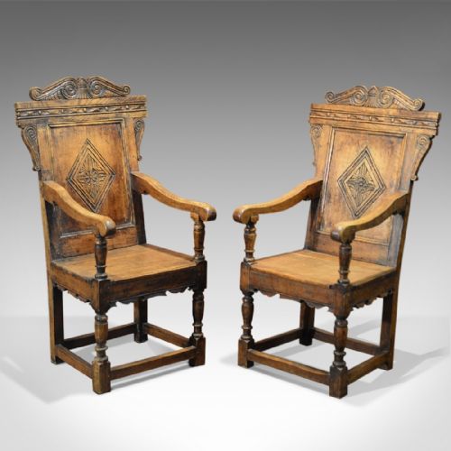 Antique Pair of Hall Chairs, 19th Century Baronial