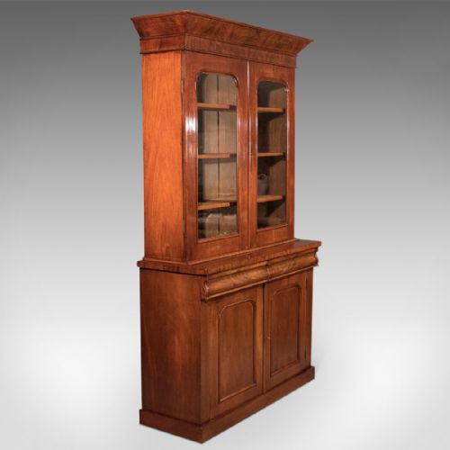 fig 2. Antique Victorian English 4' Bookcase Display Cabinet Fine Flame Mahogany c1870