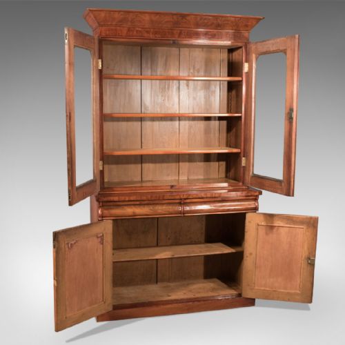 fig 3. Antique Victorian English 4' Bookcase Display Cabinet Fine Flame Mahogany c1870