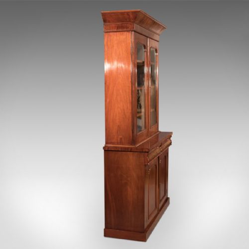 fig 4. Antique Victorian English 4' Bookcase Display Cabinet Fine Flame Mahogany c1870